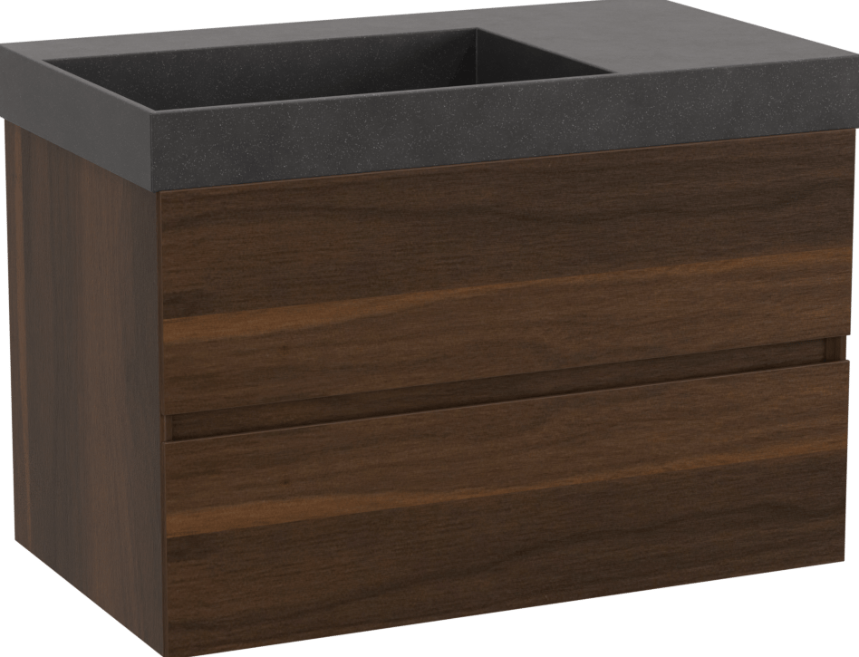 Storke Edge meuble salle de bains suspendu 80 x 46 cm noyer avec Jura vasque asymétrique gauche en quartz noir mat