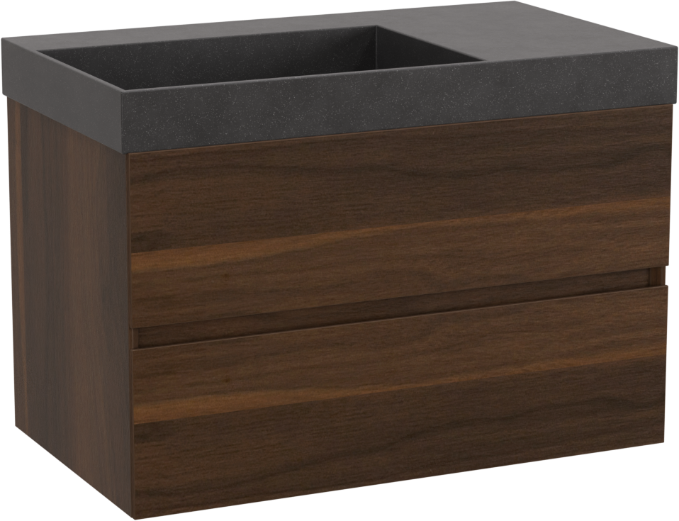 Storke Edge hängendes Möbelstück Set: 80 x 46 cm, Nussbaum, mit Jura Waschtisch links, Quarz Schwarz matt