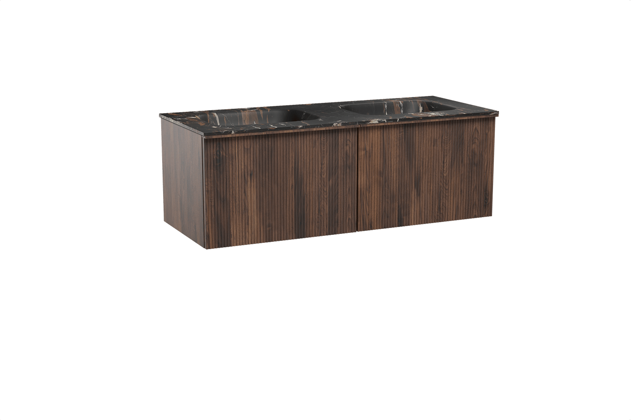 Balmani Forma zwevend badkamermeubel 135 x 55 cm amerikaanse notelaar met Tablo Arcato dubbele wastafel in marmer portoro gold, Verticale symmetrische rechte ribbel