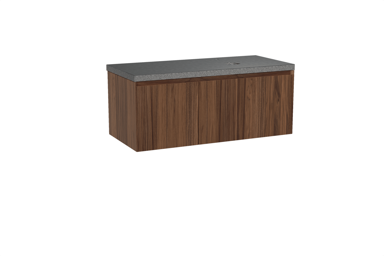 Balmani Idra hängendes Möbelstück Set: 120 x 55 cm, Nussbaum, mit Rock Waschtisch rechts, Schwarzes Granit