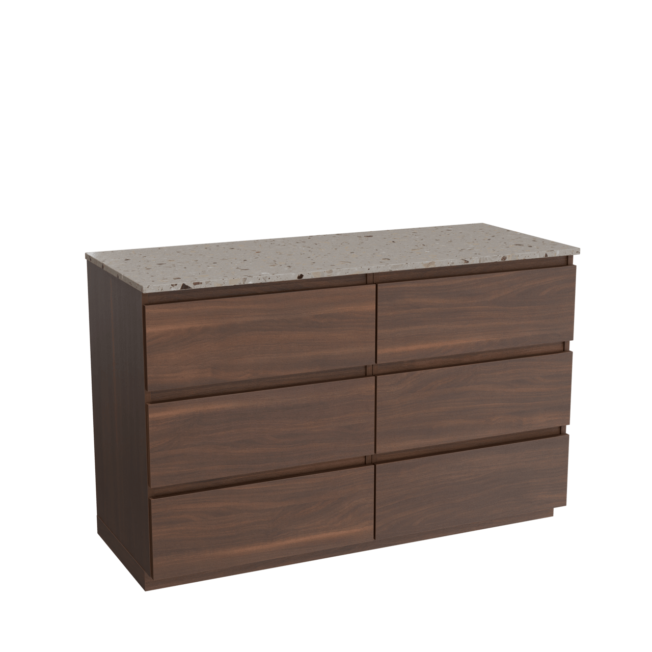 Balmani Lucida freistehendes Möbelstück Set: 135 x 55 cm, Amerikanischer Nussbaum, mit Stretto Einzel- oder Doppel Waschtischplatte, Terrazzo in Greige