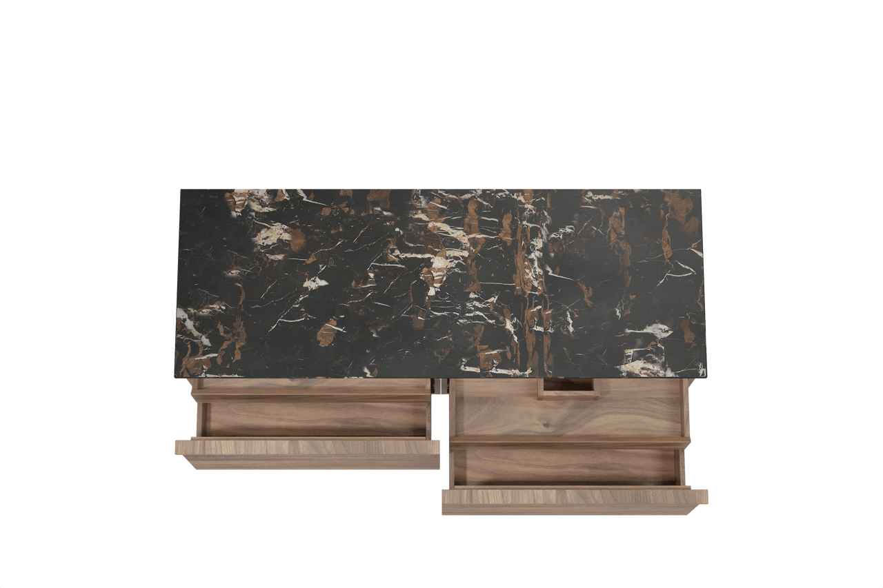 Balmani Forma zwevend badkamermeubel 150 x 55 cm amerikaanse notelaar met Stretto enkel of dubbel tablet in marmer portoro gold, Horizontale symmetrische rechte ribbel