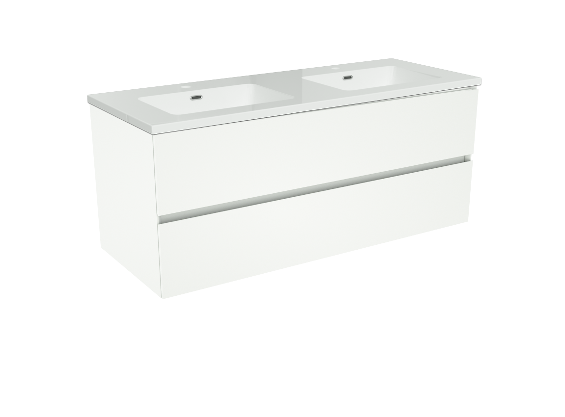 Storke Edge meuble salle de bains suspendu 120 x 46 cm blanc mat avec Diva double vasque en marbre composite blanc brillant