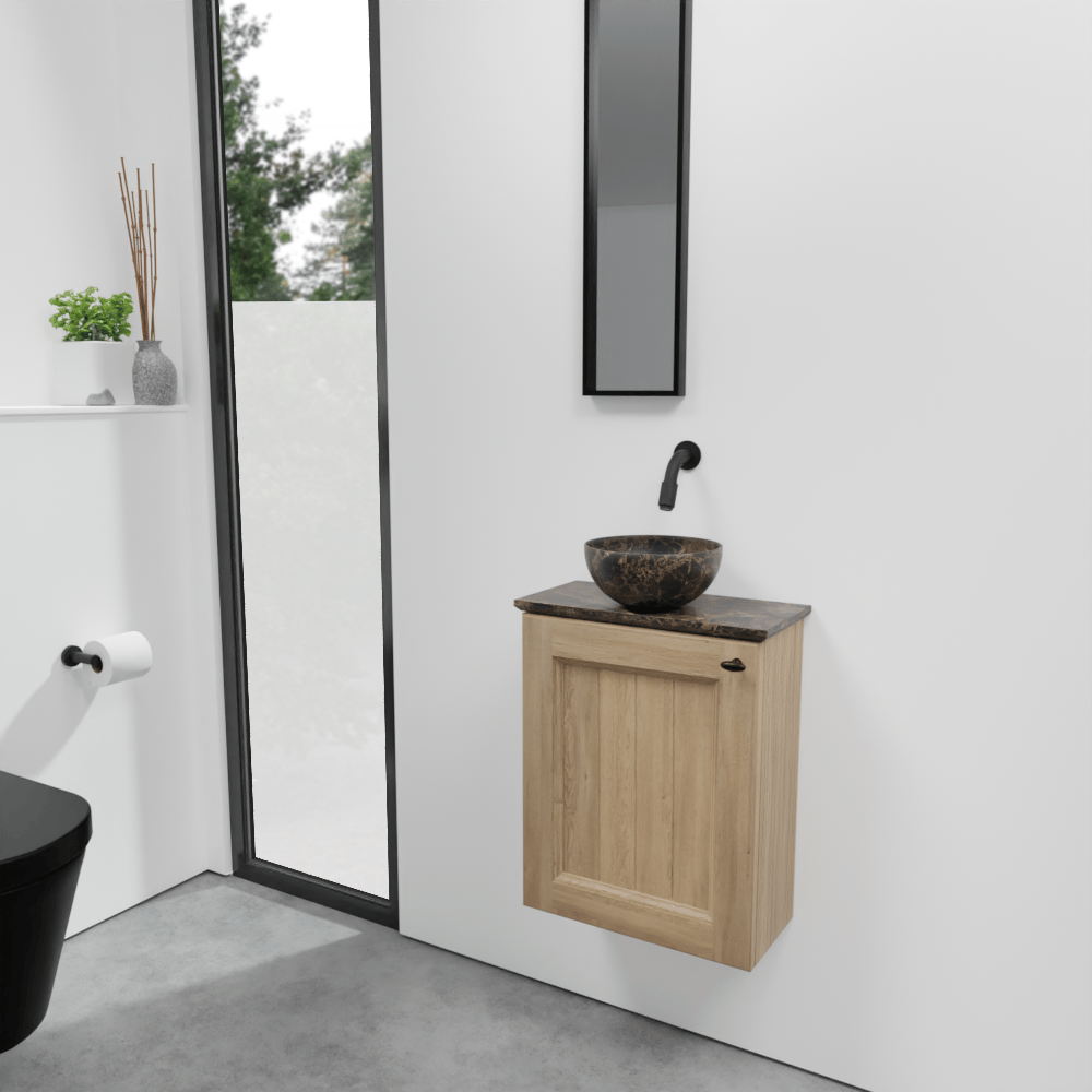 Balmani Lemon zwevend toiletmeubel 42 x 21 cm verweerde eik met Facetta tablet en Bari XS waskom in Dark Emperador marmer