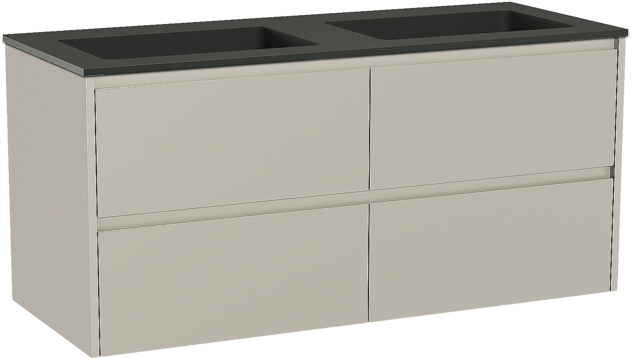 Storke Seda zwevend badmeubel 130 x 52 cm zijdegrijs met Scuro dubbele wastafel in kwarts mat zwart