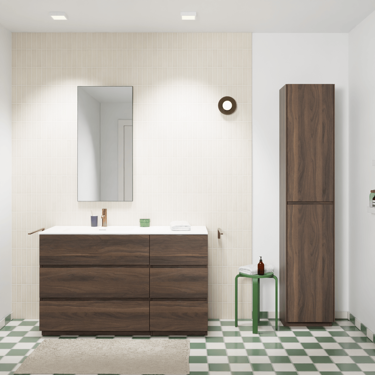 Storke Edge staand badmeubel 130 x 52 cm notenhout met Mata asymmetrisch linkse wastafel in solid surface mat wit