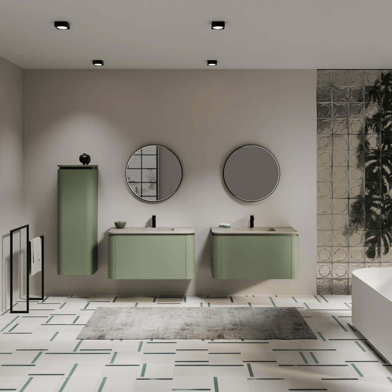 Balmani Moon hängendes Möbelstück Set: 100 x 55 cm, Salbeigrün, mit Moon Einzelwaschtisch, Top Solid Seidengrau