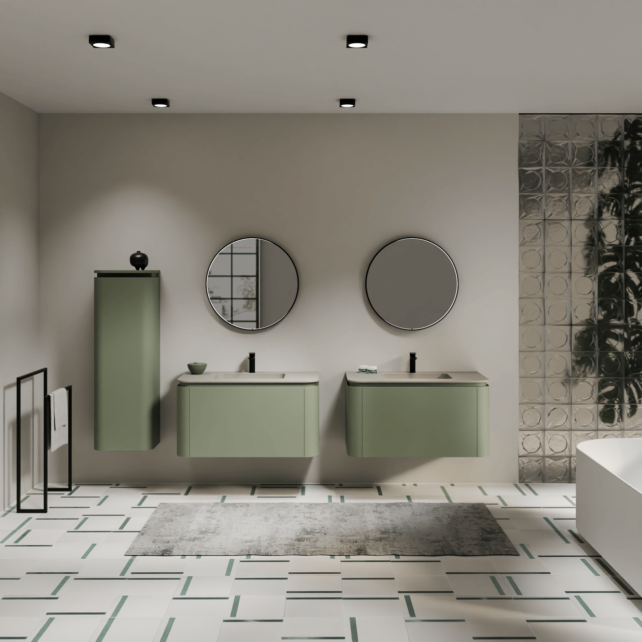 Balmani Moon meuble salle de bains suspendu 100 x 55 cm vert sauge avec Moon plan simple en top solid soie grise