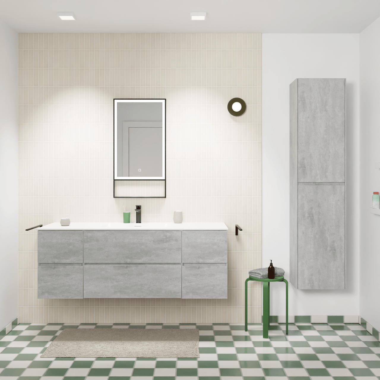 Storke Edge meuble salle de bains suspendu 145 x 52 cm béton gris foncé avec Mata plan simple en solid surface blanc mat