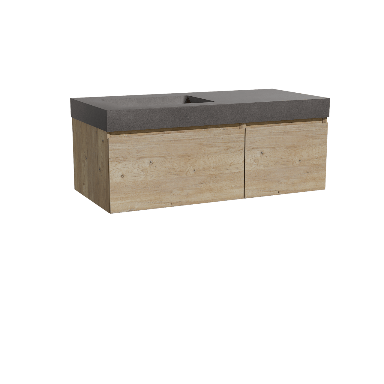 Storke Edge meuble salle de bains suspendu 110 x 52 cm chêne brut avec Scuro High plan vasque asymétrique à gauche en quartz noir mat