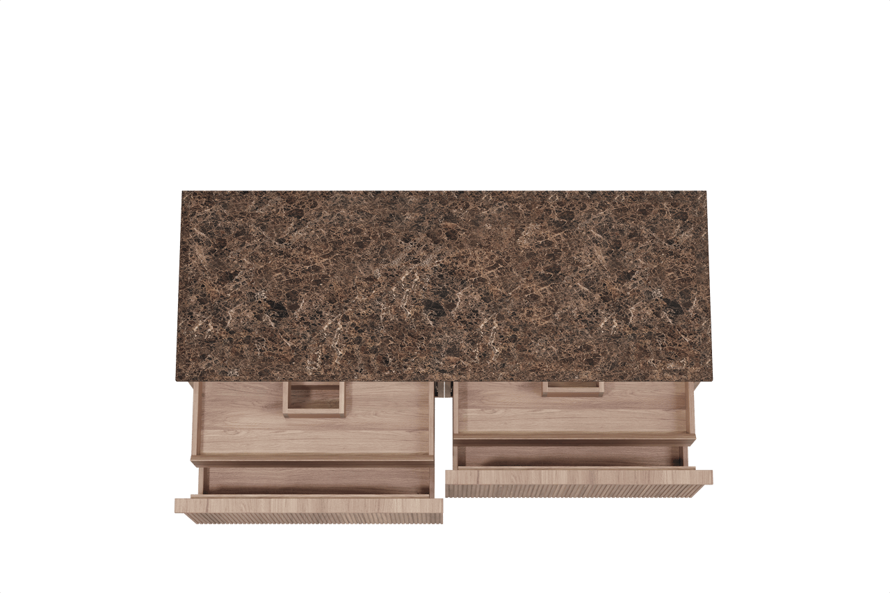 Balmani Forma zwevend badmeubel 150 x 55 cm teakhout met Stretto enkel of dubbel wastafelblad in marmer dark emperador, Verticale symmetrische rechte ribbel