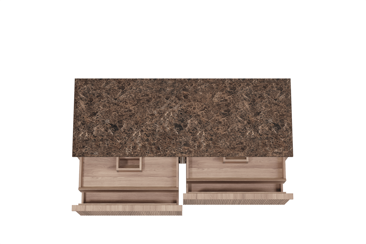 Balmani Forma hängendes Möbelstück Set: 150 x 55 cm, Teak, mit Stretto Einzel- oder Doppel Waschtischplatte, Marmor, Dark Emperador, Vertikale symmetrische gerade Rippe