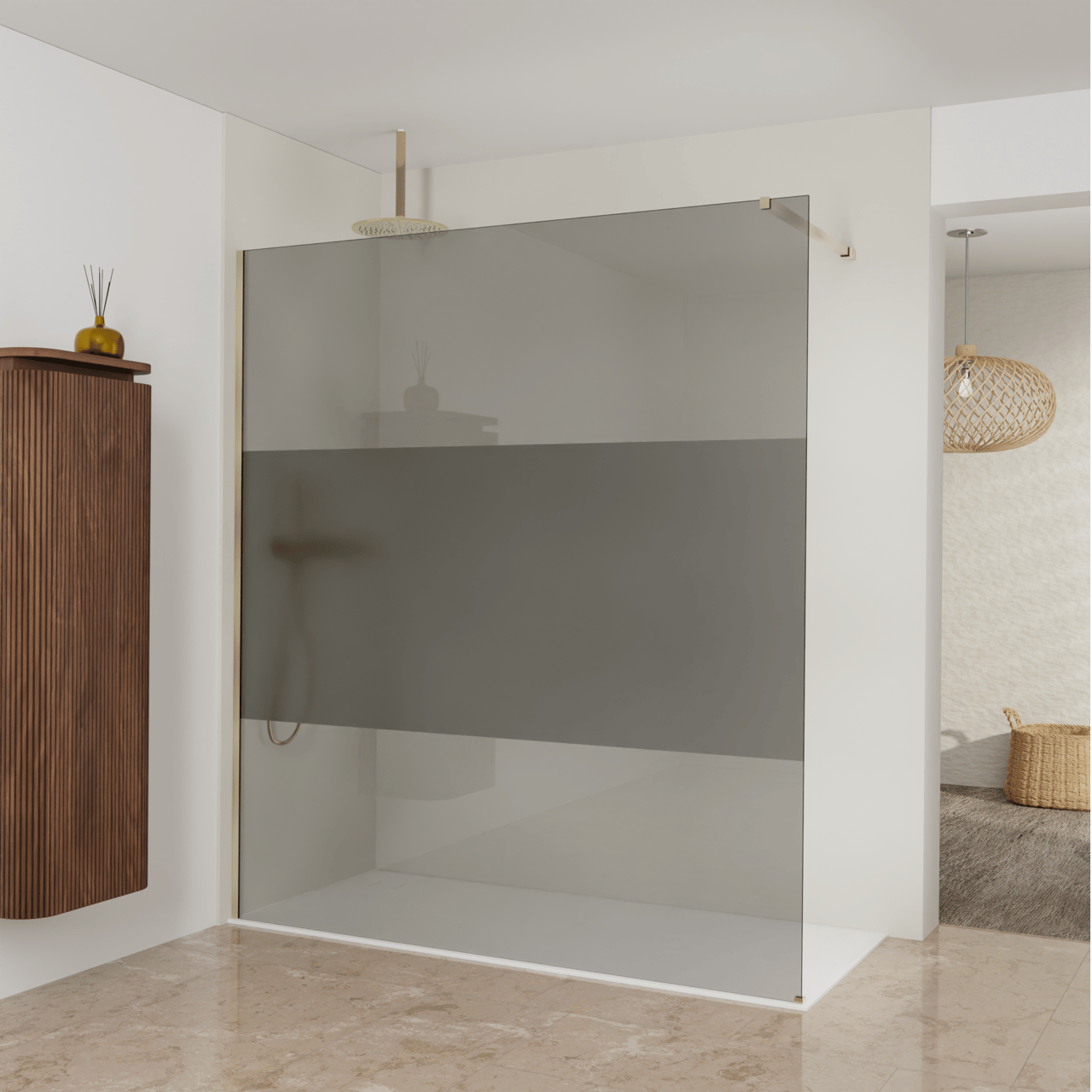Balmani Modular douche à l'italienne: 180 x 200 cm, Verre fumé avec bande matte, avec coating, Profil Brushed Champagne Gold