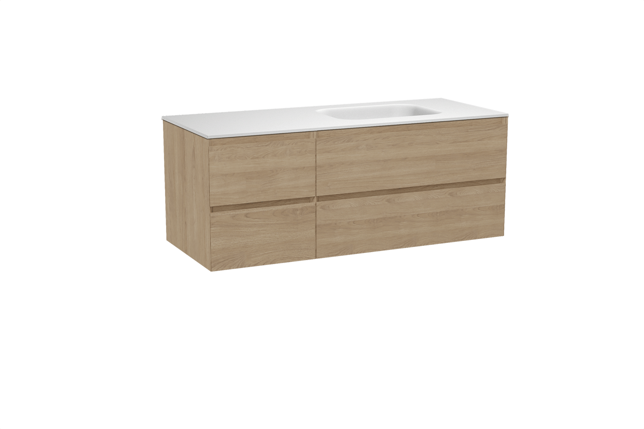 Balmani Mitra hängendes Möbelstück Set: 135 x 55 cm, Naturbelassene Eiche, mit Tablo Arcato Waschtisch rechts, Solid Surface Weiß matt