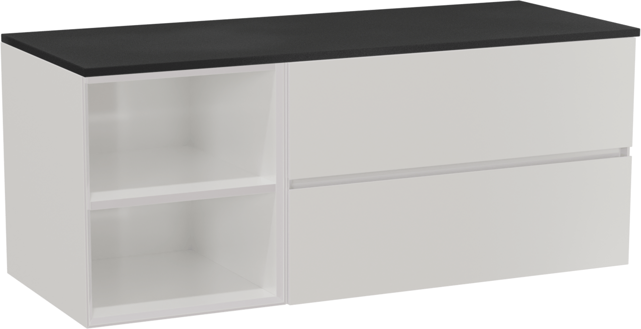 Storke Edge zwevend badkamermeubel 130 x 52 cm glanzend wit met Panton enkel of dubbel tablet in gepoedercoate mdf mat zwart