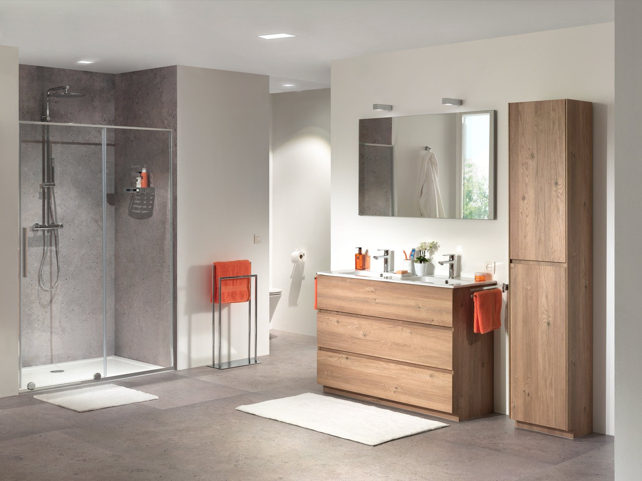 Storke Edge meuble sous-lavabo a poser 120 x 46 cm chêne brut 3 tiroirs 2 découpés de siphon