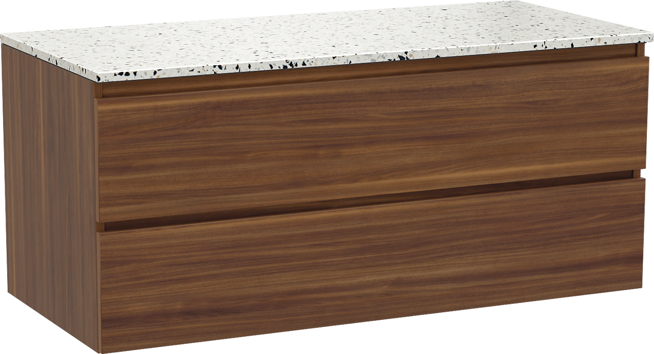 Balmani Lucida meuble salle de bains suspendu 120 x 55 cm noyer américain avec Stretto tablette simple ou double en blanc/noir mat terrazzo