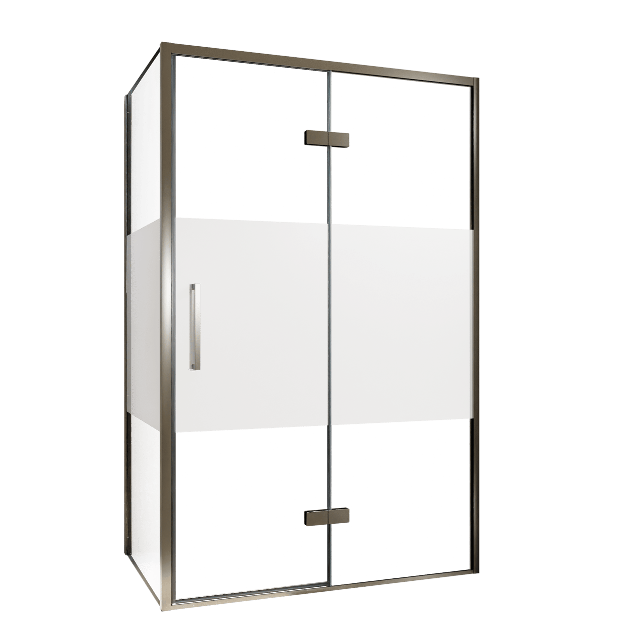 Balmani Senses Design Eckdusche: Drehtür (Rechts) mit fixierte Seitenwand, 120 x 80 cm, Klarglas mit mattiertem Streifen, Profil Brushed GunMetal