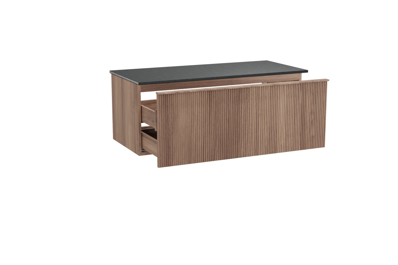 Balmani Forma zwevend badkamermeubel 120 x 55 cm teak met Stretto enkel tablet in graniet zwart, Verticale symmetrische rechte ribbel