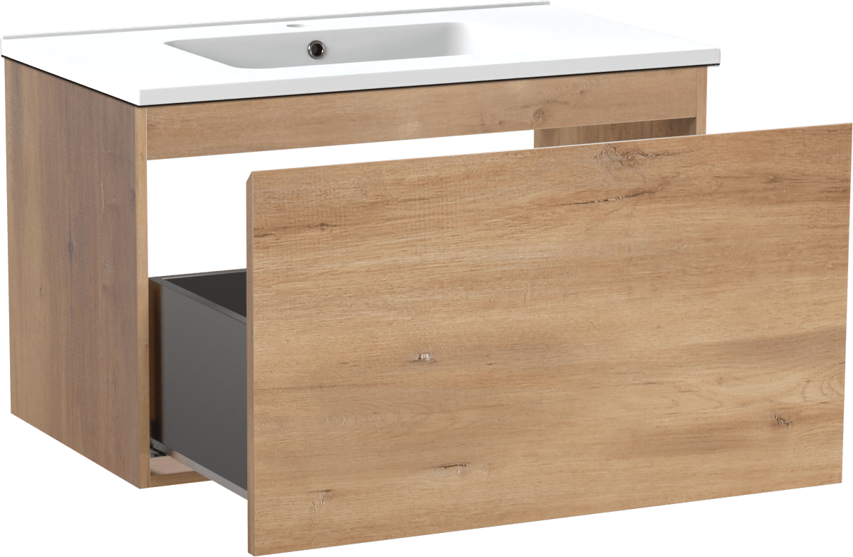 Linie Lado zwevend badmeubel 80 x 46 cm naturel eiken met Vano enkele wastafel in composietmarmer mat wit