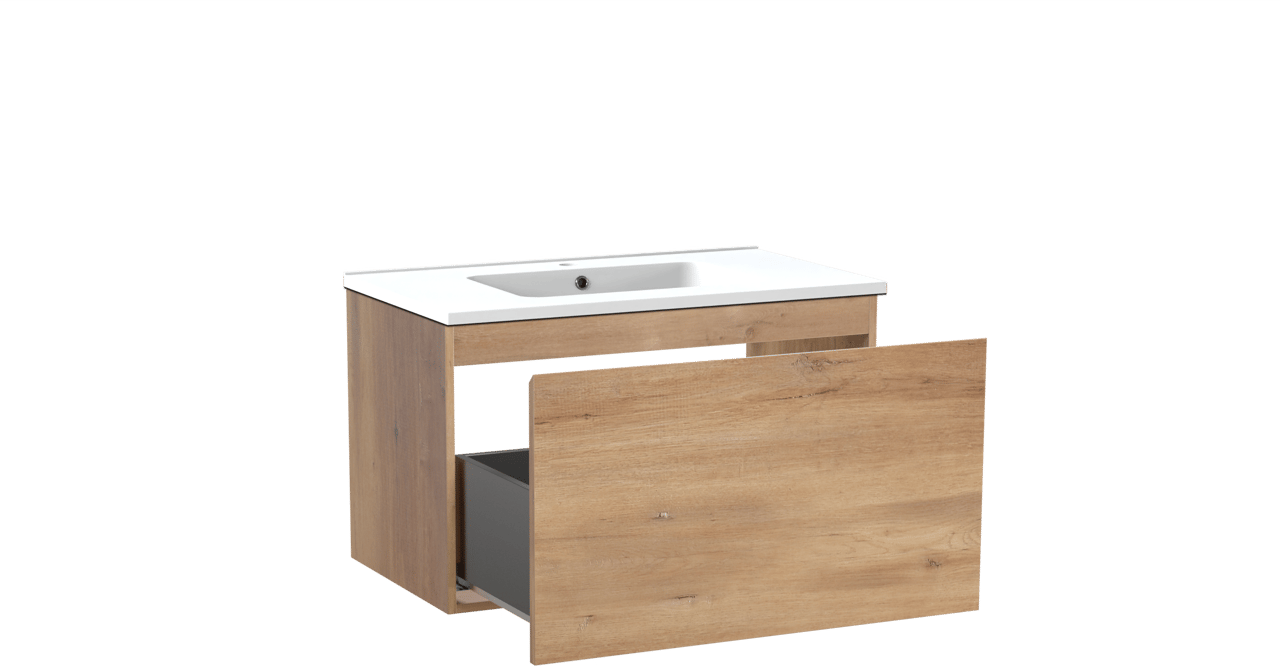 Linie Lado hängendes Möbelstück Set: 80 x 46 cm, Naturbelassene Eiche, mit Vano Einzelwaschtisch, Marmorkomposit Weiß matt