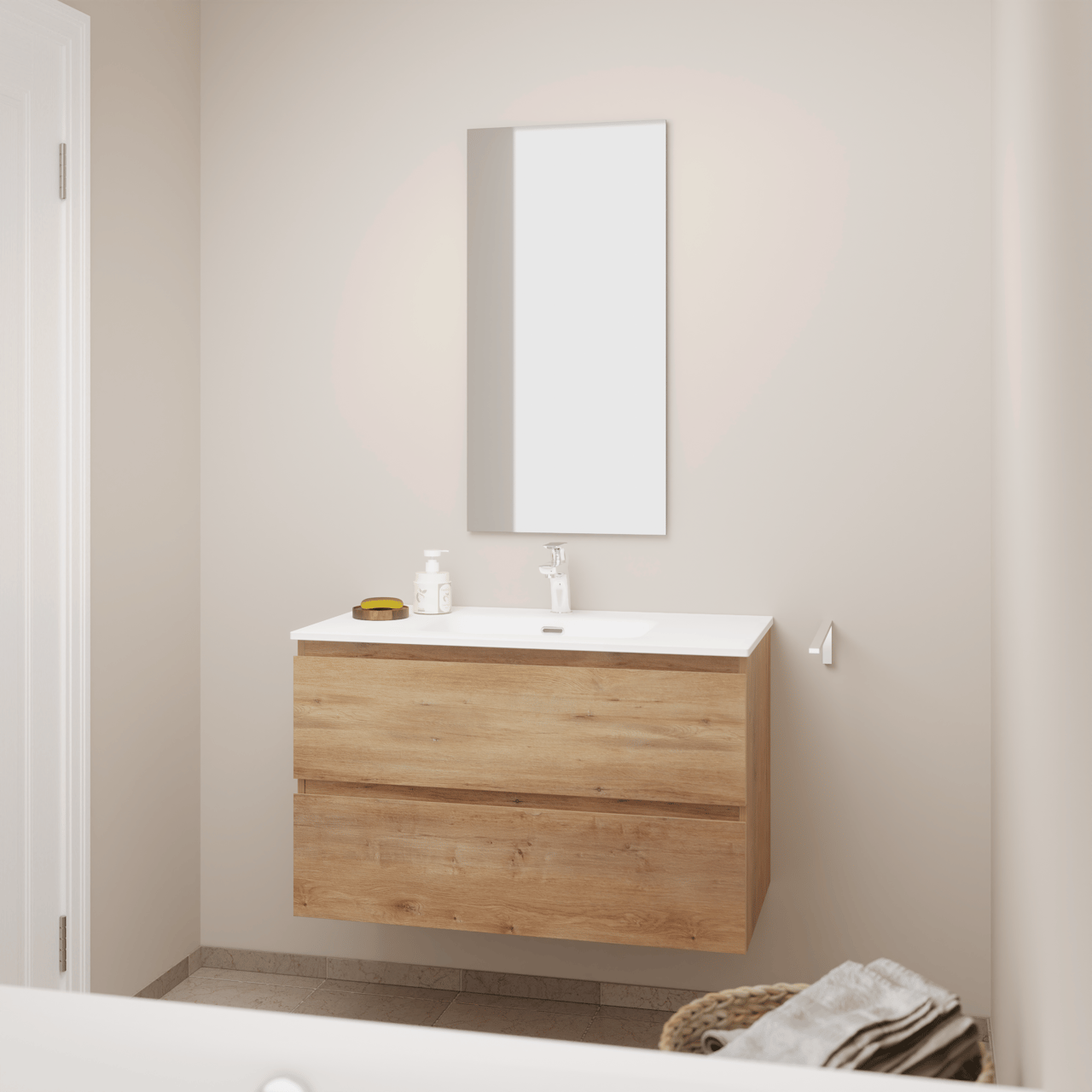 Linie Lado staand badkamermeubel 90 x 46 cm natuur eik met Baro enkele wastafel in porselein hoogglans wit met Lado decoratieve frame en Soto badkamerspiegel