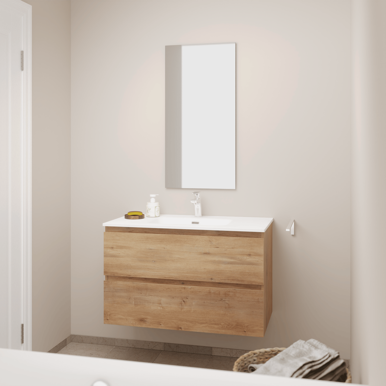 Linie Lado staand badkamermeubel 90 x 46 cm natuur eik met Baro enkele wastafel in porselein glanzend wit met Lado decoratieve frame en Soto badkamerspiegel