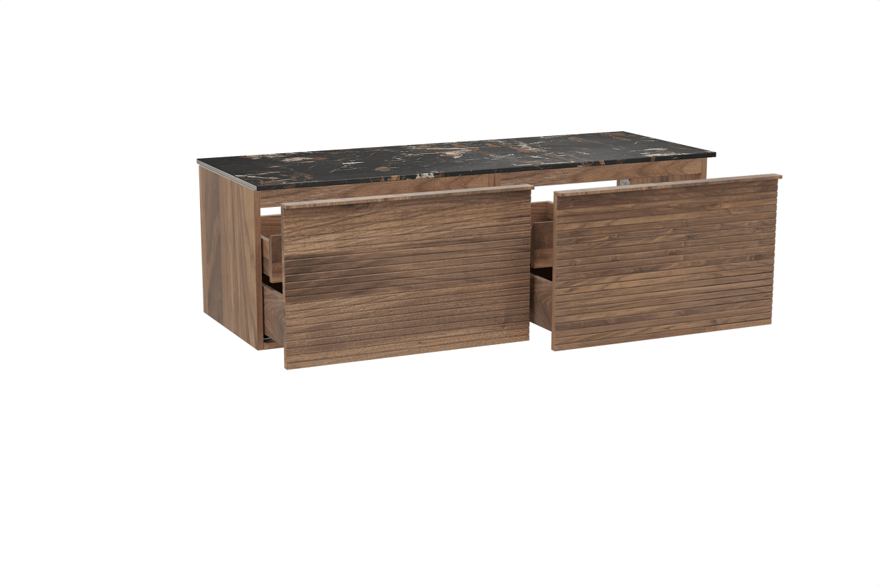 Balmani Forma zwevend badkamermeubel 150 x 55 cm amerikaanse notelaar met Stretto enkel of dubbel tablet in marmer portoro gold, Horizontale symmetrische rechte ribbel