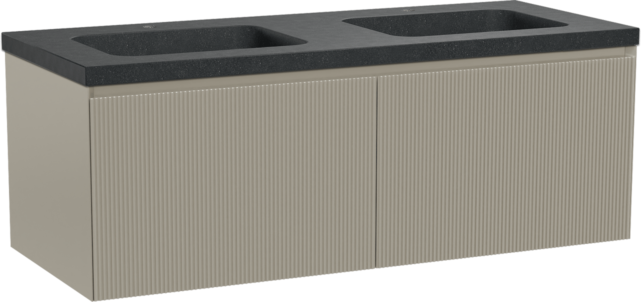 Balmani Fila meuble salle de bains suspendu 135 x 55 cm gris pierre avec Napoli double vasque en granit noir, Nervure droite symétrique verticale