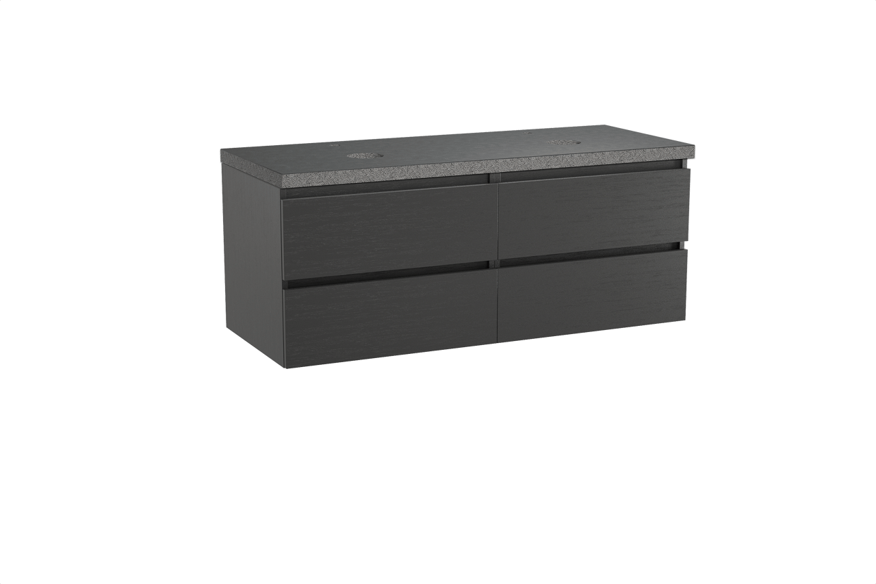 Balmani Lucida hängendes Möbelstück Set: 135 x 55 cm, Schwarze Eiche, mit Rock Doppel Waschtischplatte, Schwarzes Granit