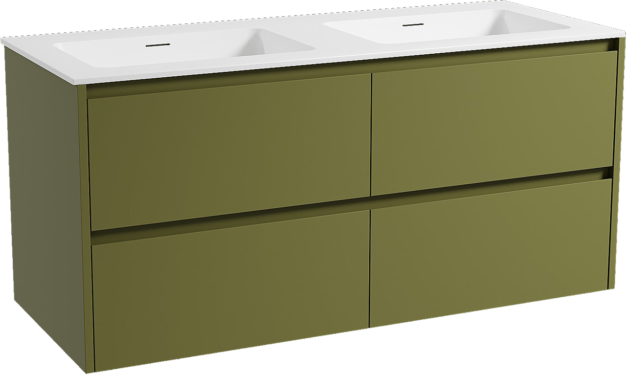 Storke Seda meuble salle de bains suspendu 130 x 52 cm vert olive avec Mata double vasque en solid surface blanc mat