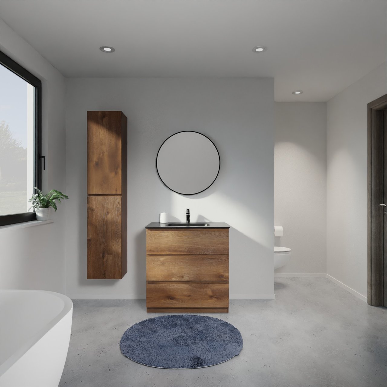 Linie Lado meuble salle de bains à poser 80 x 46 cm chêne brun avec Baro plan simple en porcelaine noir mat