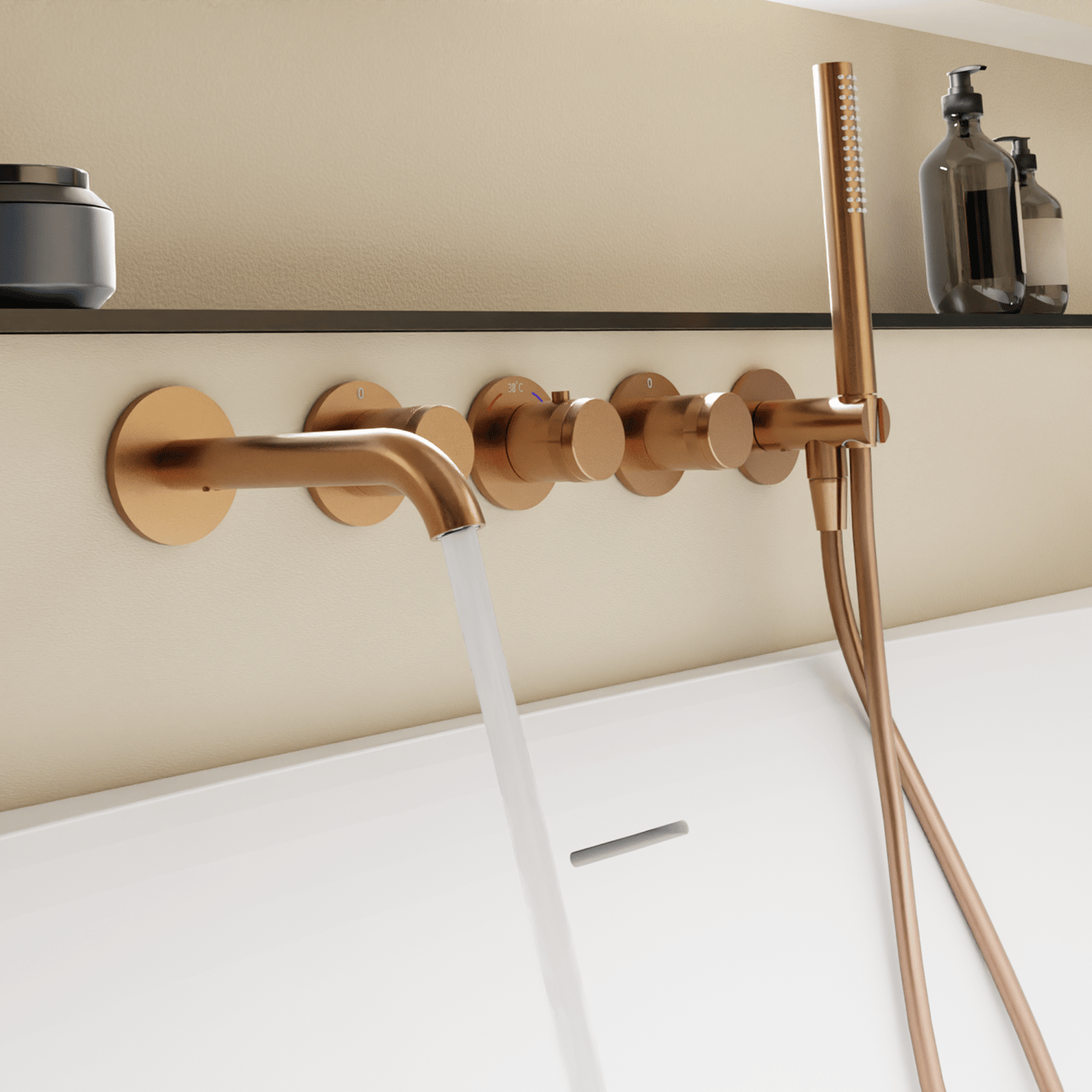 Blaufoss Pavilion Unterputz-Badewannenarmatur: Brushed Rosegold, inkl. Handbrauseset und Einbauelement