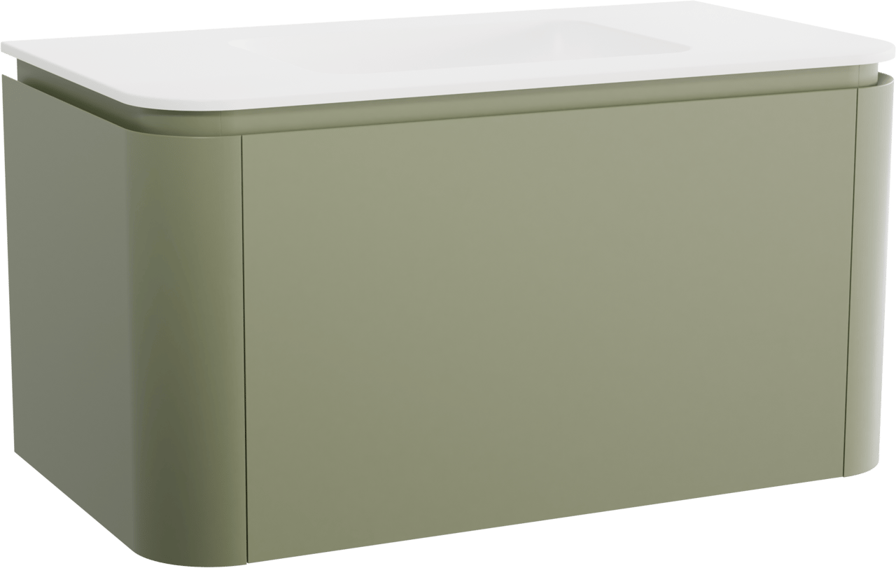 Balmani Moon hängendes Möbelstück Set: 100 x 55 cm, Salbeigrün, mit Moon Einzelwaschtisch, Solid Surface Weiß matt