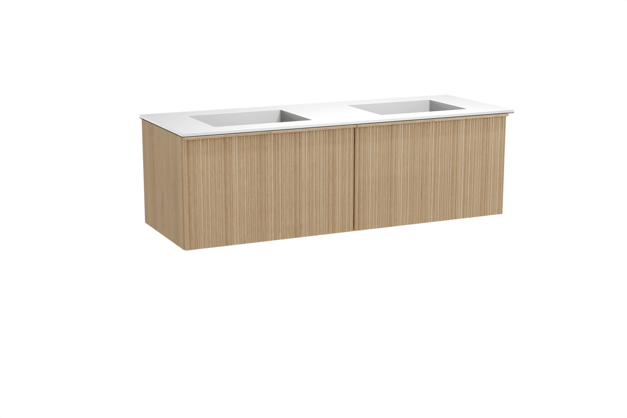 Balmani Forma hängendes Möbelstück Set: 150 x 55 cm, Naturbelassene Eiche, mit Tablo Stretto Doppelwaschtisch, Solid Surface, Weiß matt, Vertikale asymmetrische Runde Rippe