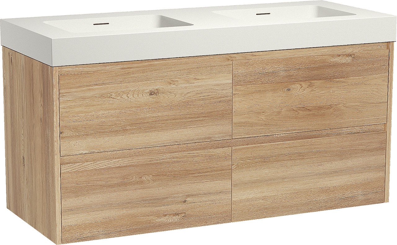 Storke Seda zwevend badmeubel 130 x 52 cm ruw eiken met Mata High dubbele wastafel in solid surface mat wit