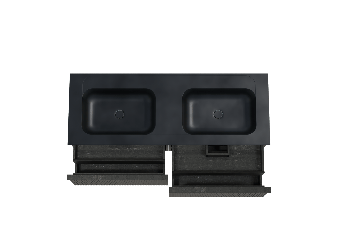 Balmani Forma zwevend badkamermeubel 150 x 55 cm zwarte eik met Tablo Strada dubbele wastafel in composietmarmer mat zwart, Verticale symmetrische rechte ribbel