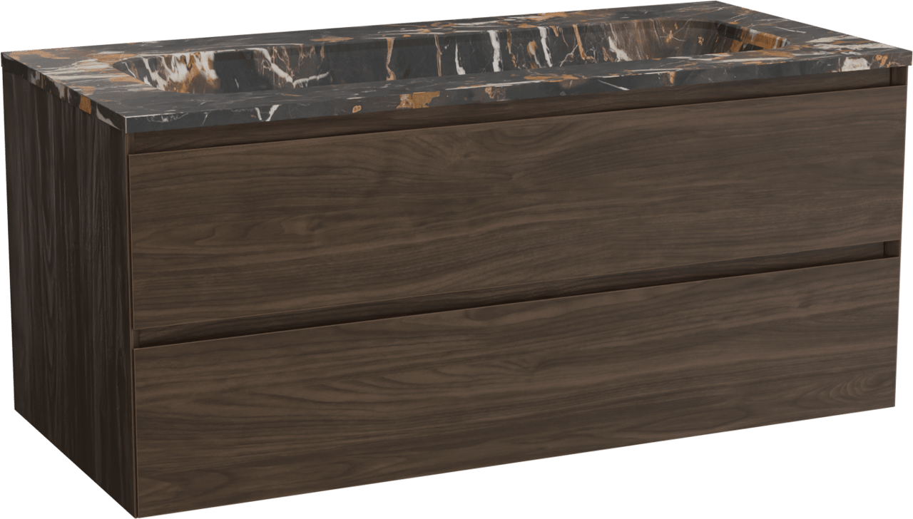 Balmani Mitra hängendes Möbelstück Set: 120 x 55 cm, Amerikanischer Nussbaum, mit Tablo Arcato Einzelwaschtisch für 2 Armaturenlöcher, Marmor Portoro Gold