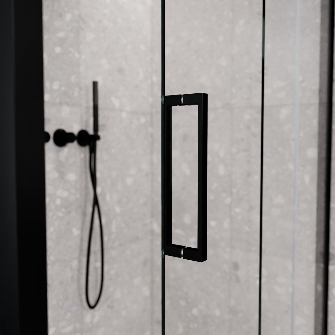 Balmani Senses Design douche en coin avec porte coulissante à droite et paroi latérale fixe, 180 x 90 cm, Verre transparent, Profil Noir mat