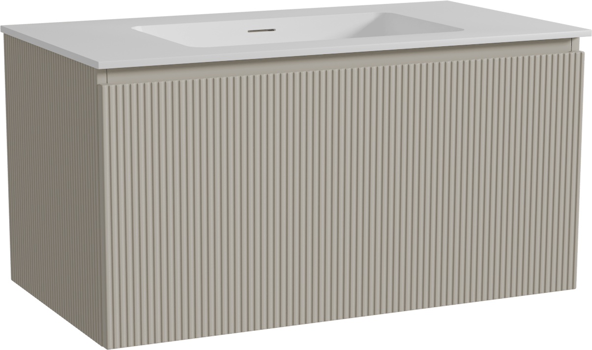Storke Ribs zwevend badmeubel 95 x 52 cm zijdegrijs met Mata enkele wastafel in solid surface mat wit, Verticale symmetrische rechte ribbel