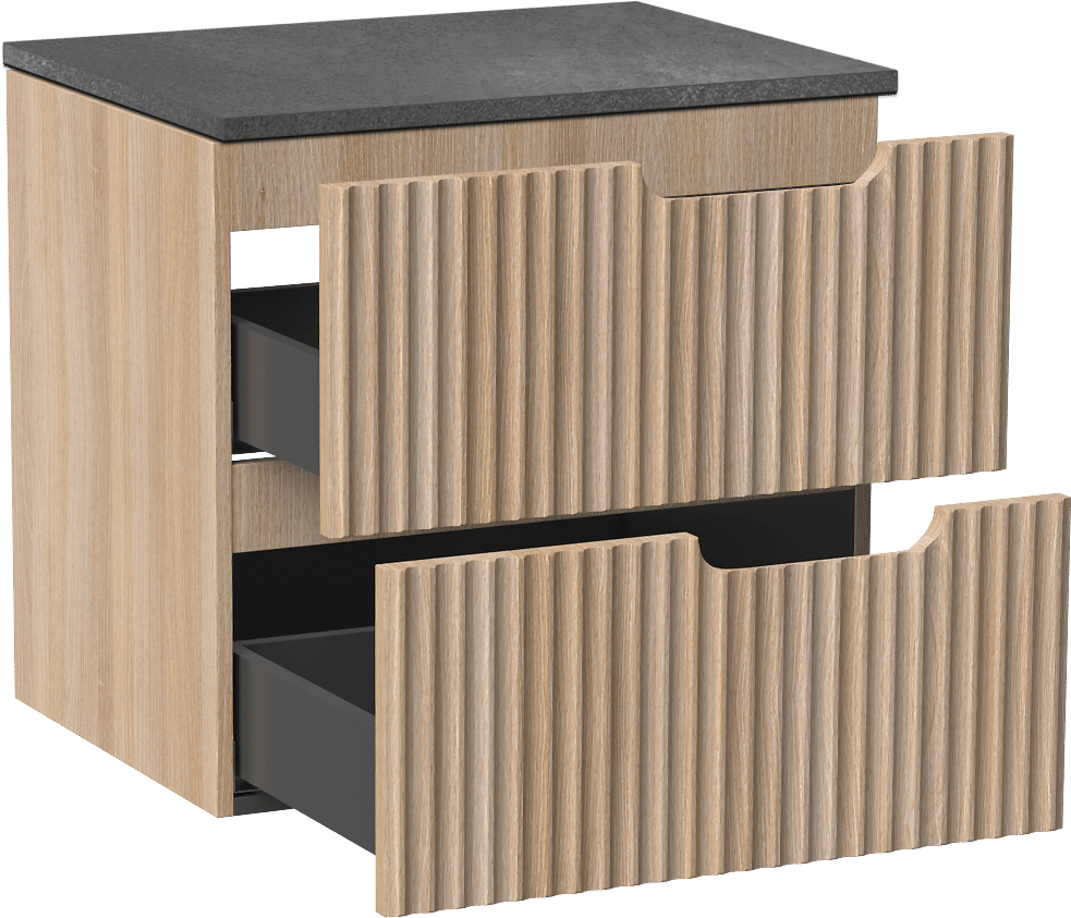 Linie Ribbo zwevend badmeubel 60 x 46 cm licht eiken met Lado enkel wastafelblad in melamine grijze leisteen, Verticale symmetrische ronde ribbel