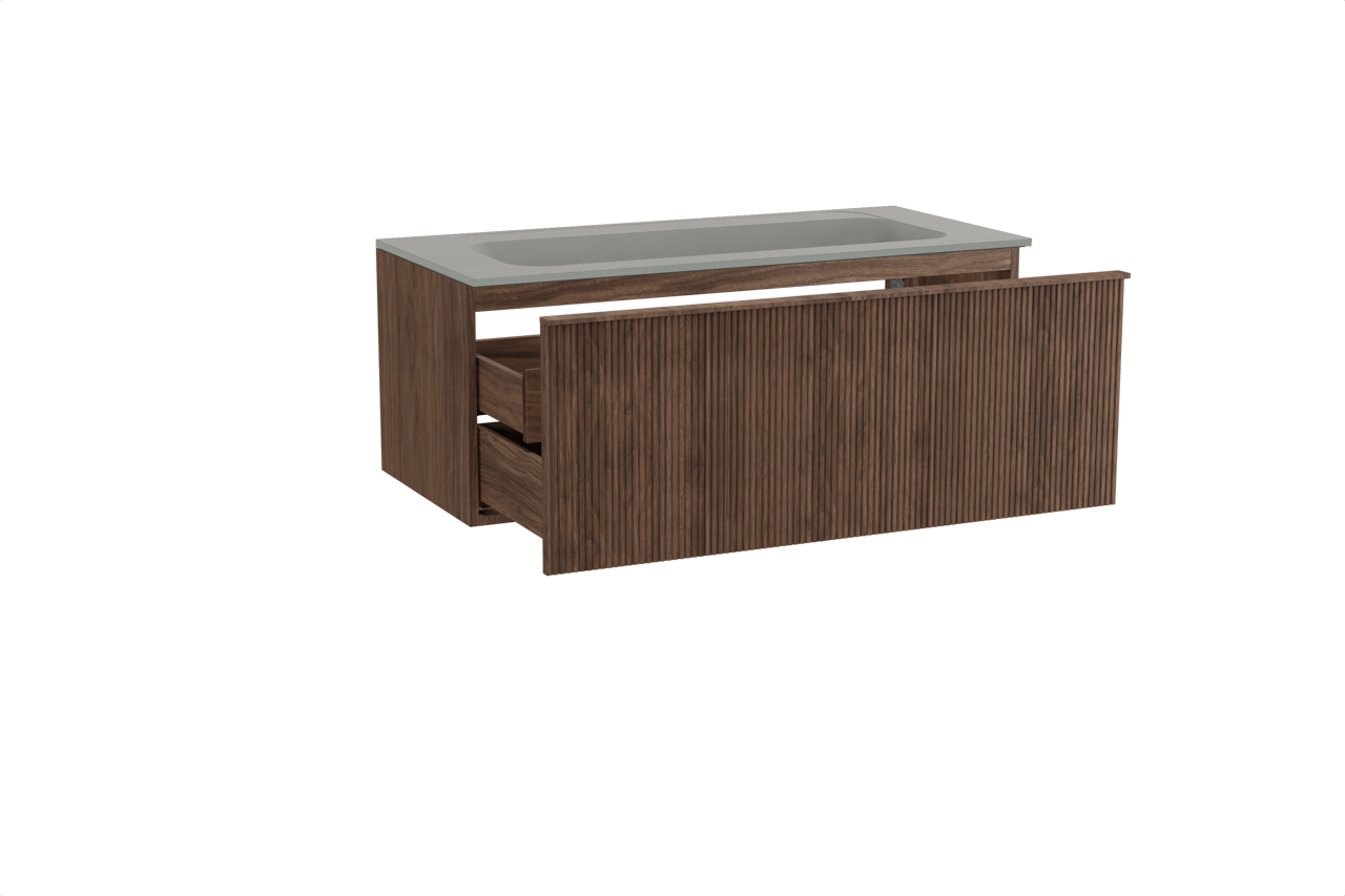 Balmani Forma hängendes Möbelstück Set: 120 x 55 cm, Amerikanischer Nussbaum, mit Tablo Strada Einzelwaschtisch für 2 Armaturenlöcher, Marmorkomposit, Seidengrau, Vertikale symmetrische gerade Rippe