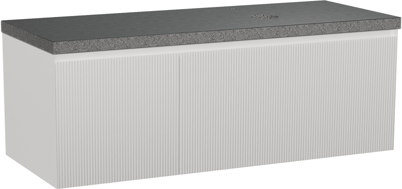 Balmani Fila zwevend badkamermeubel 135 x 55 cm mat wit met Rock asymmetrisch rechtse wastafel in graniet zwart, Verticale symmetrische rechte ribbel