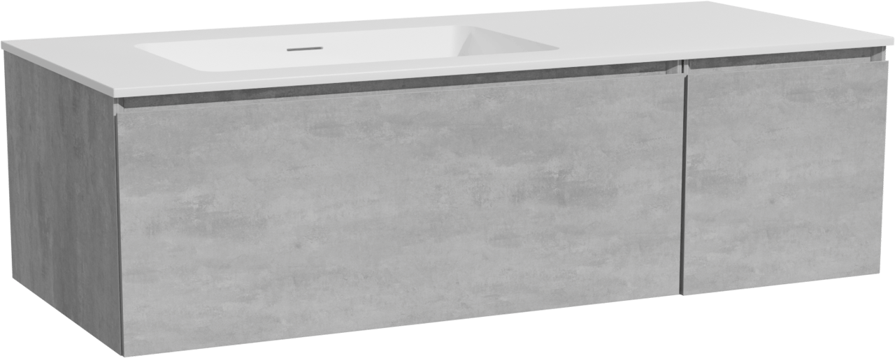 Storke Edge meuble salle de bains suspendu 120 x 52 cm béton gris foncé avec Mata plan vasque asymétrique à gauche en solid surface blanc mat