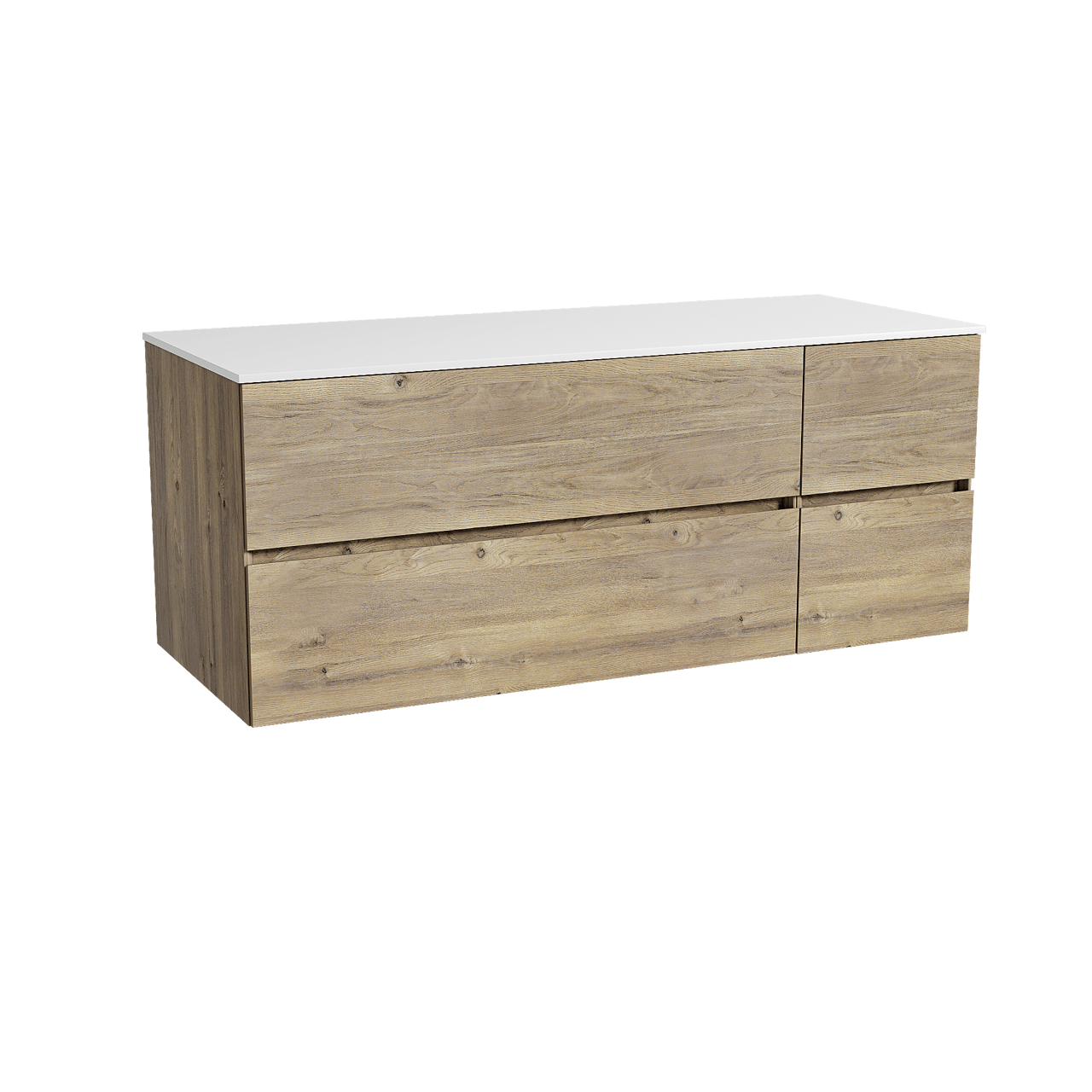 Storke Edge zwevend badmeubel 130 x 52 cm ruw eiken met Tavola enkel of dubbel wastafelblad in solid surface mat wit