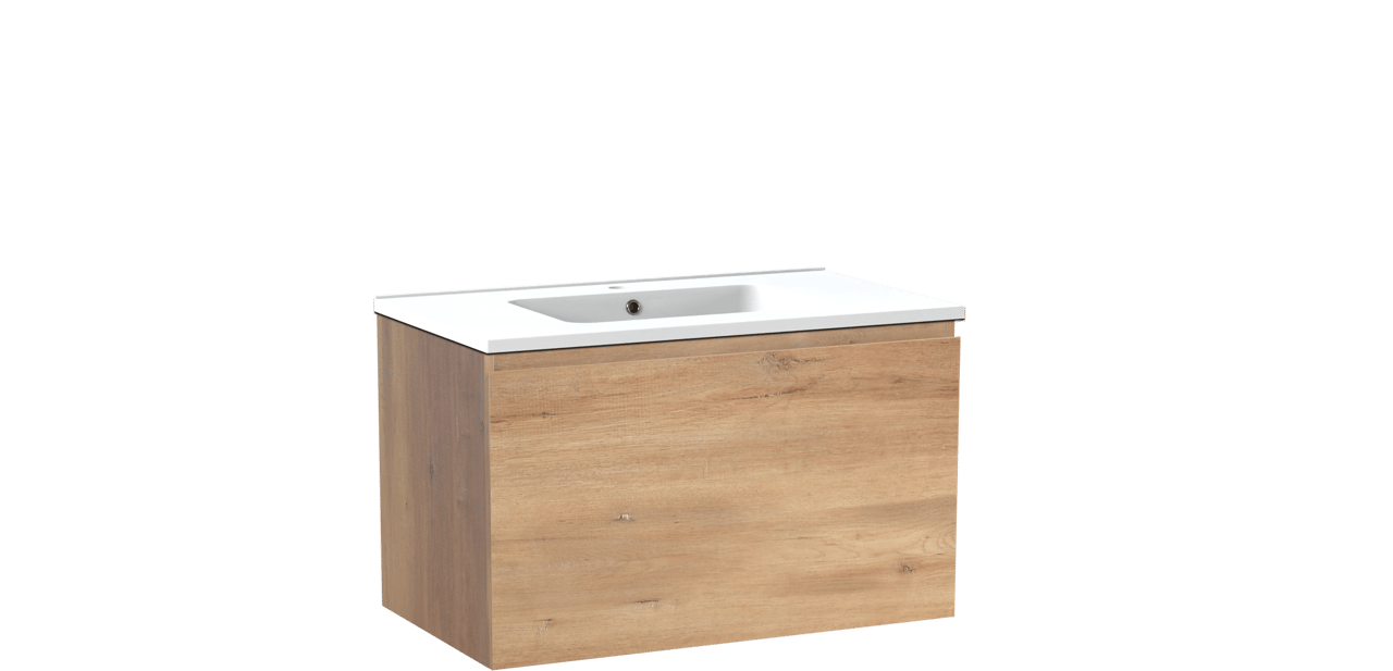 Linie Lado hängendes Möbelstück Set: 80 x 46 cm, Naturbelassene Eiche, mit Vano Einzelwaschtisch, Marmorkomposit Weiß matt