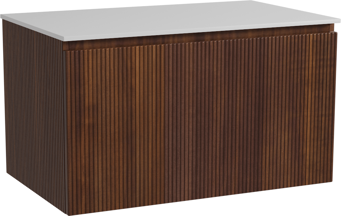 Storke Ribs zwevend badmeubel 85 x 52 cm notenhout met Tavola enkel wastafelblad in solid surface mat wit, Verticale symmetrische rechte ribbel