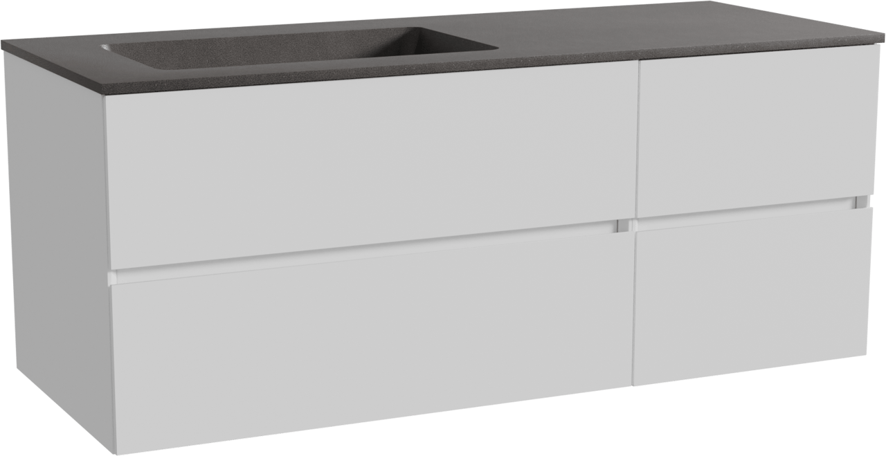 Storke Edge zwevend badkamermeubel 130 x 52 cm mat wit met Scuro asymmetrisch linkse wastafel in kwarts mat zwart