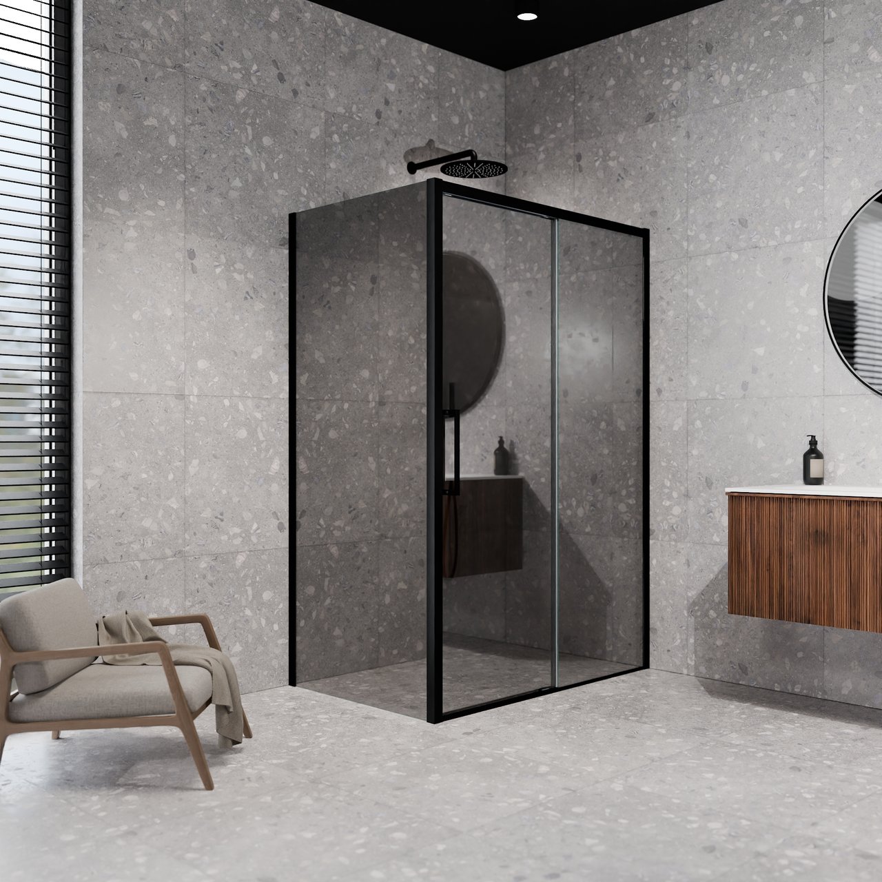 Balmani Senses Design douche d'angle avec porte coulissante à droite et paroi latérale fixe, 140 x 80 cm, Verre miroir reflex, Profil Noir mat