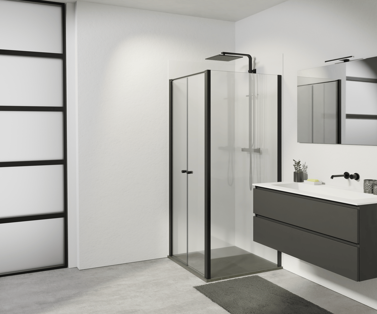 Luca Varess Kuresa paroi de douche avec accès d'angle avec porte battante 90 x 90 cm verre transparent et profil noir mat